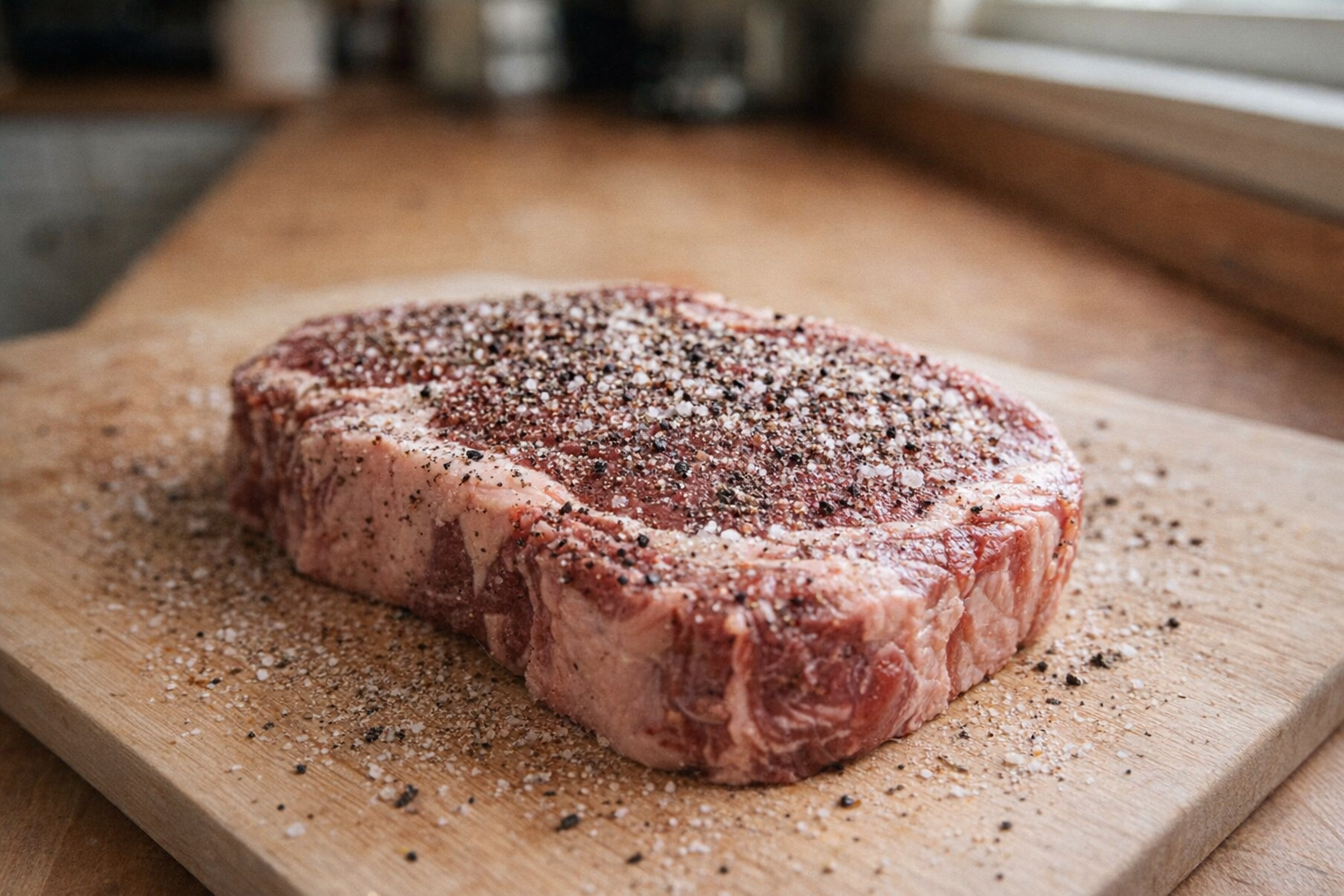 A close up shot of a raw steak on a cutting board, seasoned with kosher salt and freshly cracked black pepper, ready to be cooked, natural light